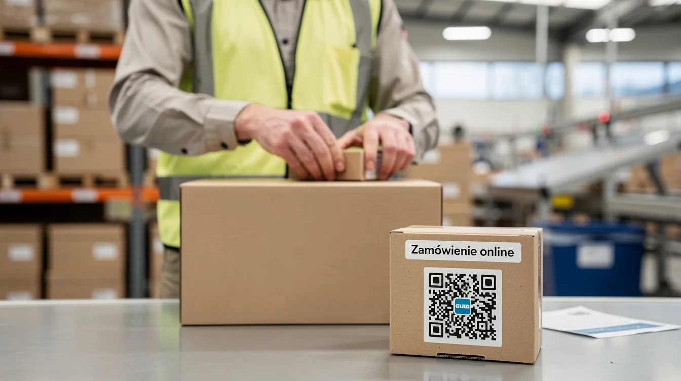 Pracownik magazynu pakuje zamówienie online — paczka z kodem QR prowadzącym do formularza opinii