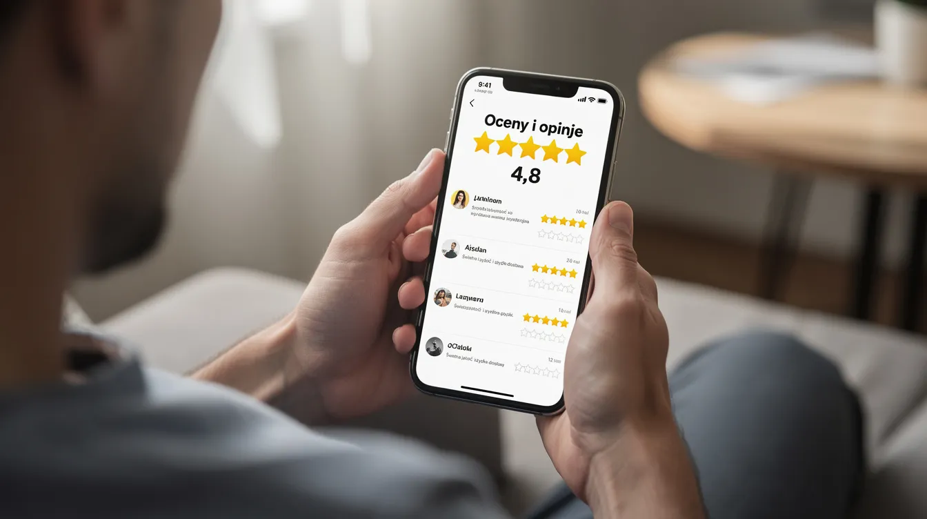 Ekran aplikacji mobilnej z ocenami i opiniami klientów — 4,8 gwiazdki